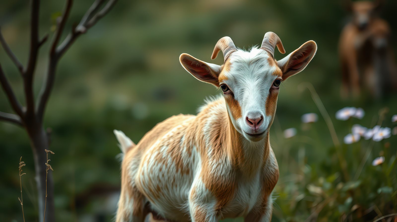 Young goat exploring its natural habitat surrounded by greenery and wildflowers during a sunny day